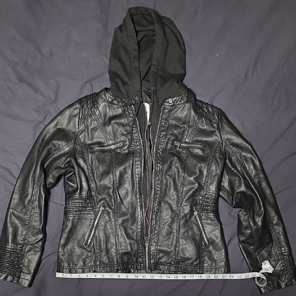 Black Faux Leather Hooded Jacket - Women's Stylish Zip Front